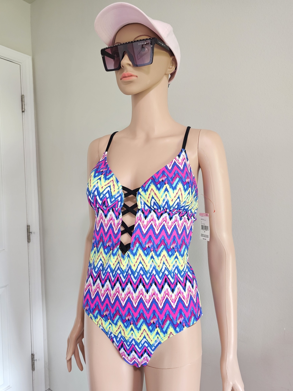 BONGO Pink Blue Yellow Chevron One-Piece Swimsuit with Black Straps